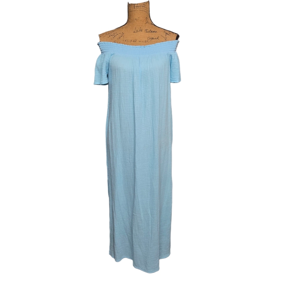 bobi Off Shoulder Cotton Maxi Dress Sz Small Surfer Blue NEW